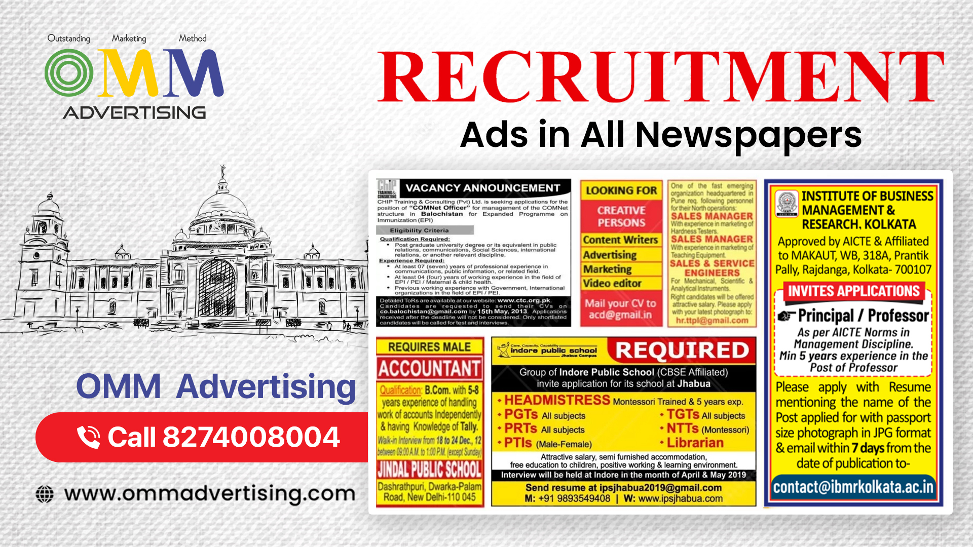 Recruitment Ads in All Newspapers | OMM Advertising | Call 8274008004