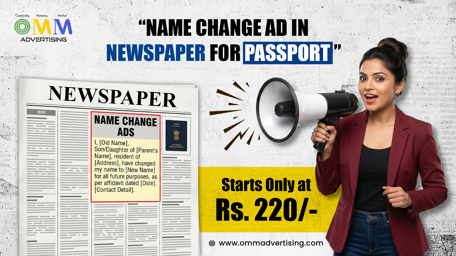 Name Change Ad in Newspaper for Passport Starts Only at Rs. 220/-